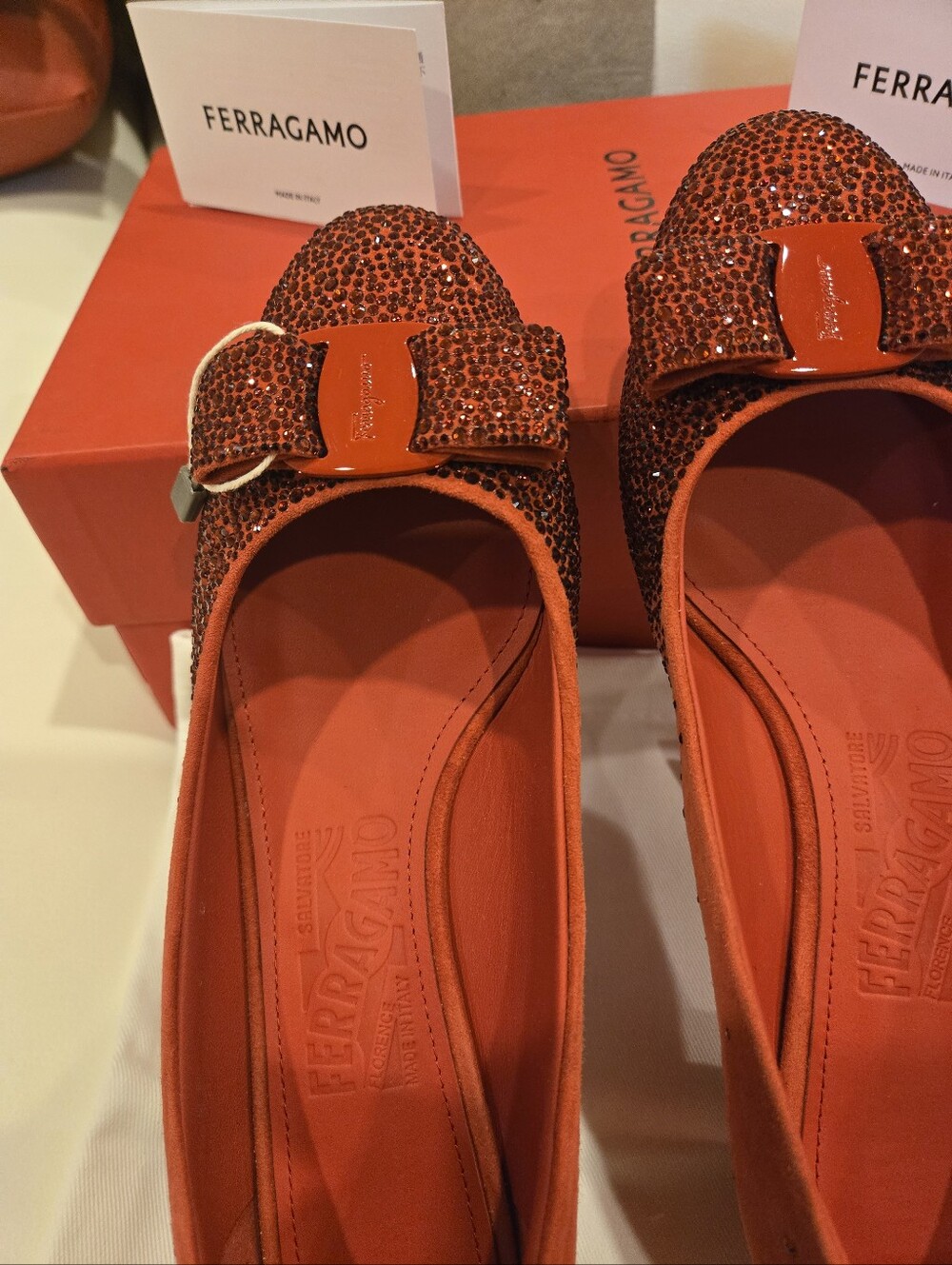 Salvatore Ferragamo Crystal-Embellished Suede Red Pumps Size 6 NWB - Picture 6 of 16